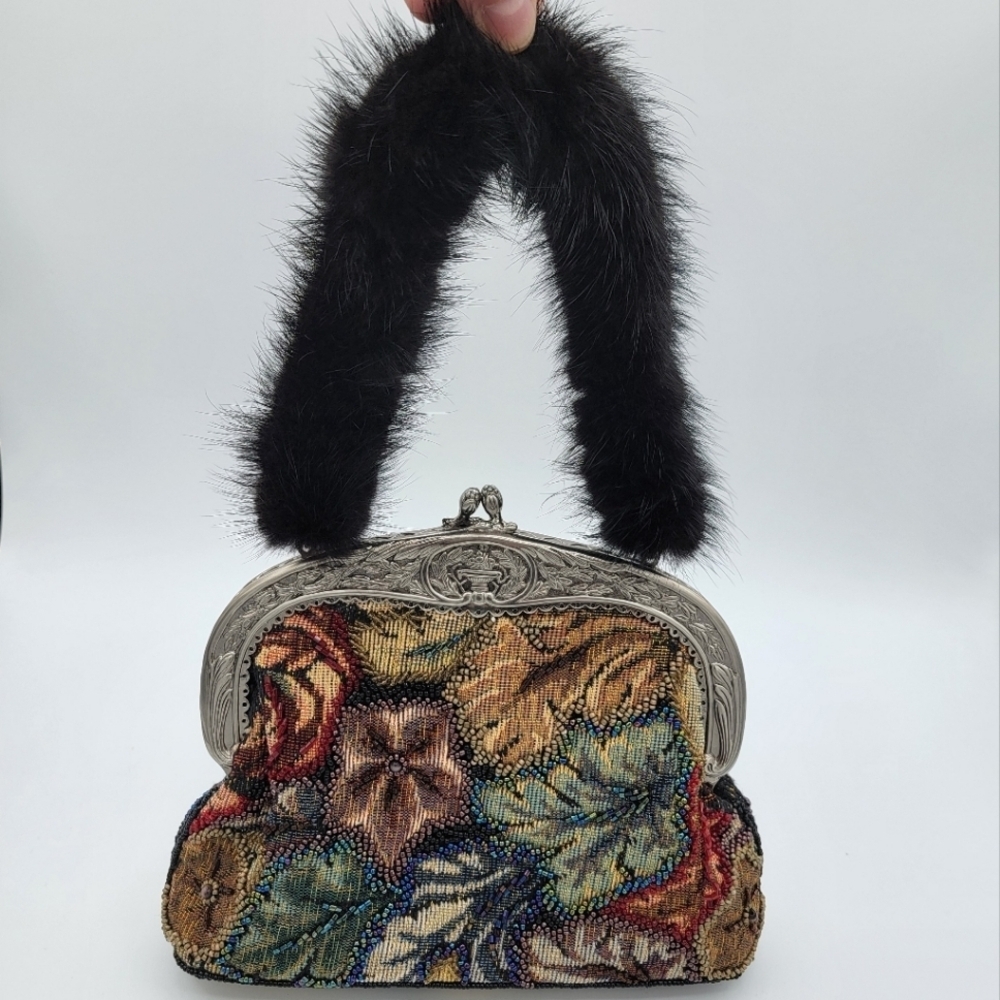 Beaded Evening Tapestry Bag With Fur Handle #2448